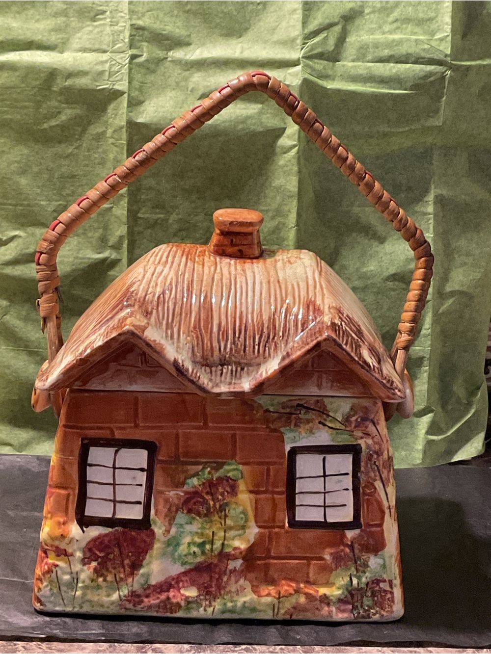 Vintage Price Bros Ceramic Cottage Cookie Jar with Woven Handle - Brown & Cream
